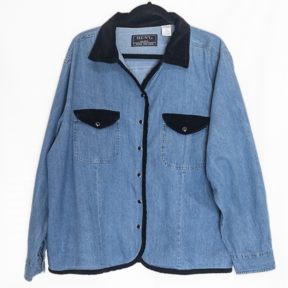 HG NY Jeans Tops - Denim Snap Front Shirt with Black Velvet Collar and Trim